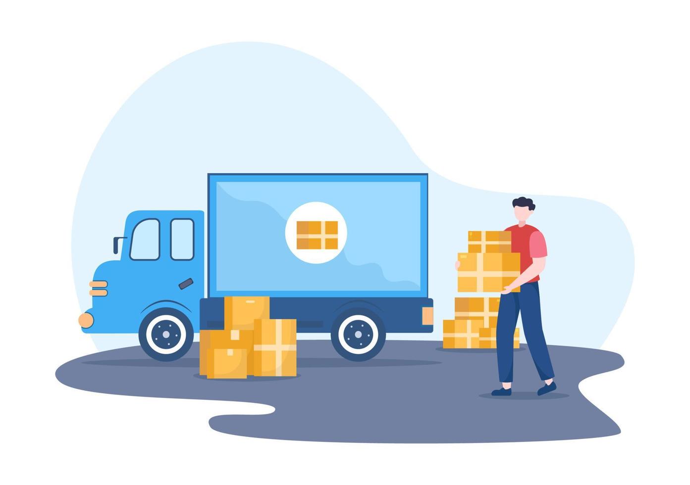 illustration de dessin animé de transport par camion avec services de livraison de fret ou boîte en carton envoyée au consommateur dans un style plat vecteur
