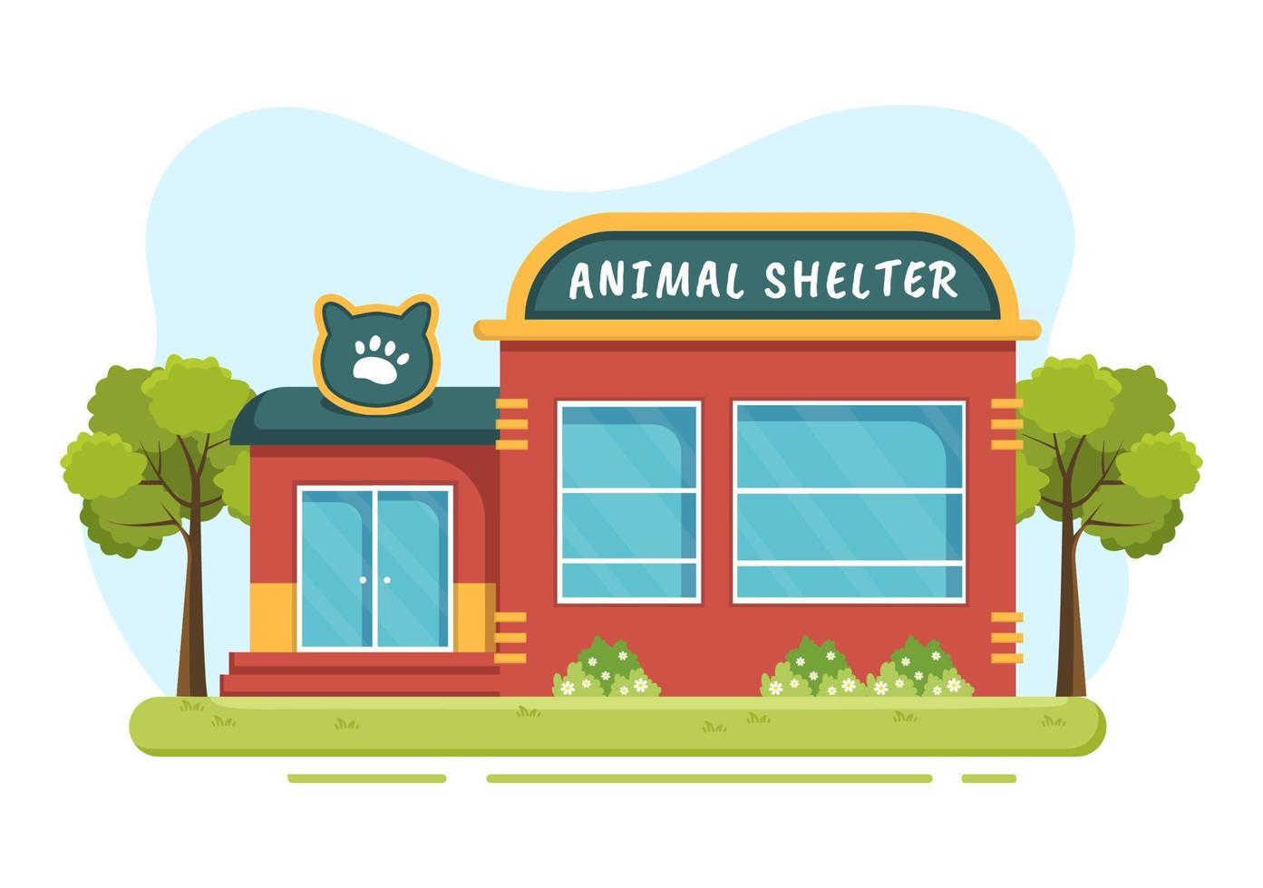 illustration de dessin animé de maison de refuge pour animaux contenant des animaux à adopter dans un style plat dessiné à la main vecteur