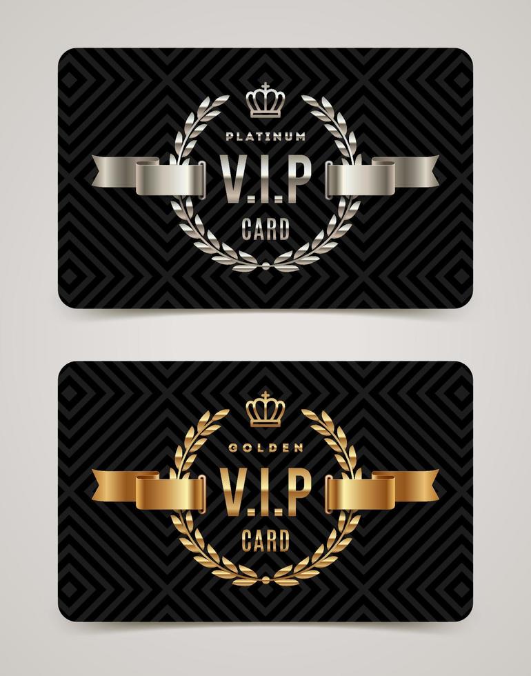 carte vip dorée et platine - conception de type avec couronne, couronne de laurier et ruban sur fond noir. illustration vectorielle. vecteur