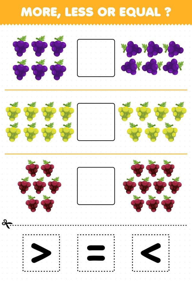 jeu éducatif pour les enfants plus moins ou égal comptez la quantité de raisins de dessin animé puis coupez et collez le bon signe vecteur