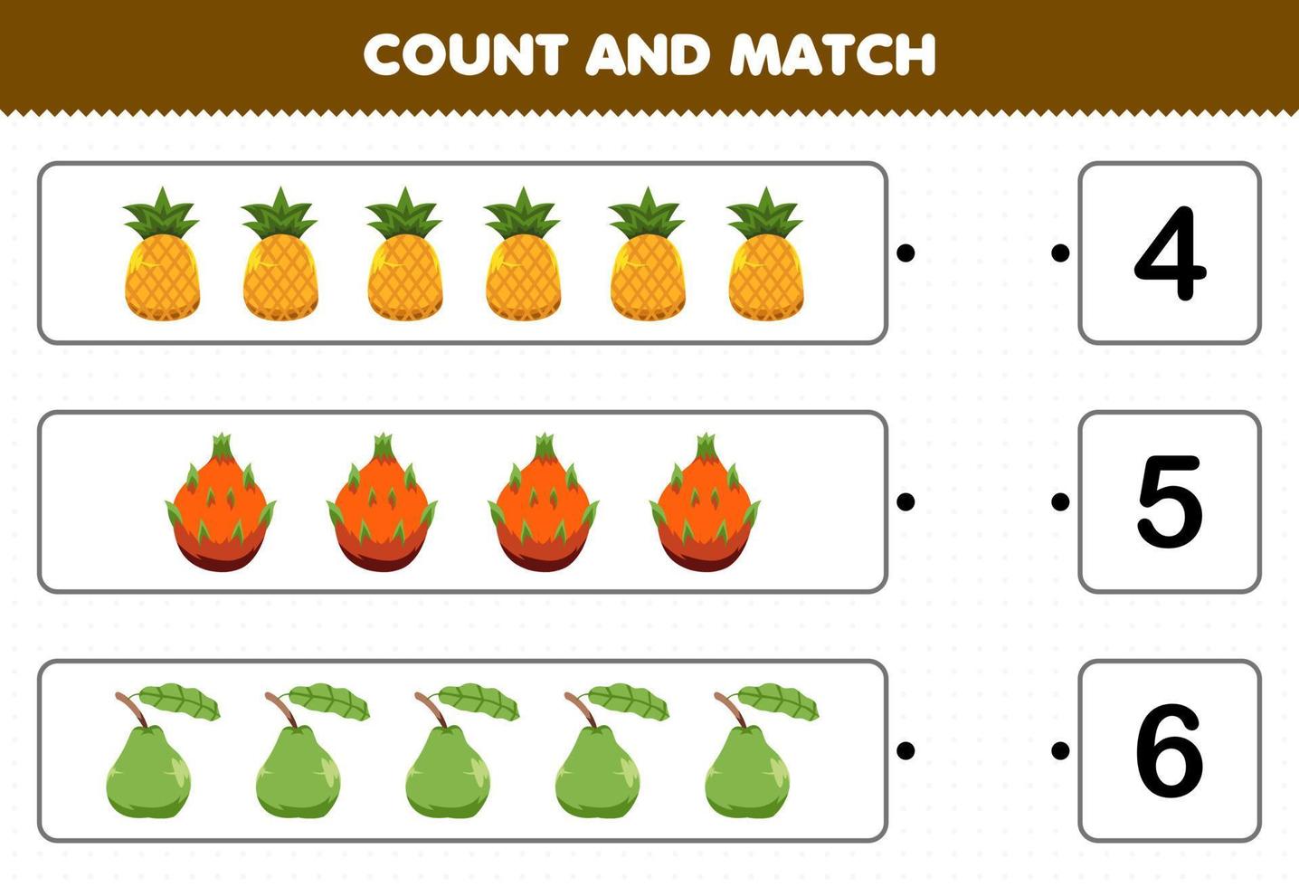 jeu éducatif pour les enfants compter et faire correspondre compter le nombre de fruits de dessin animé ananas fruit du dragon goyave et faire correspondre avec les bons numéros feuille de calcul imprimable vecteur