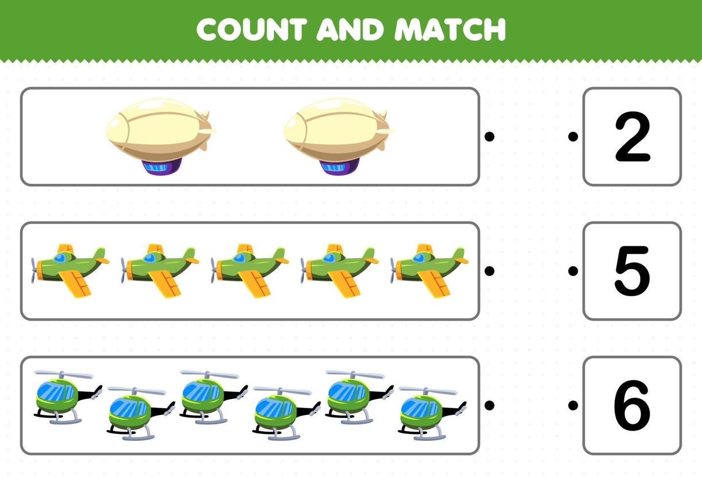 jeu éducatif pour les enfants compter et faire correspondre compter le nombre de dessin animé voler transport zeppelin avion hélicoptère et faire correspondre avec les bons numéros feuille de calcul imprimable vecteur