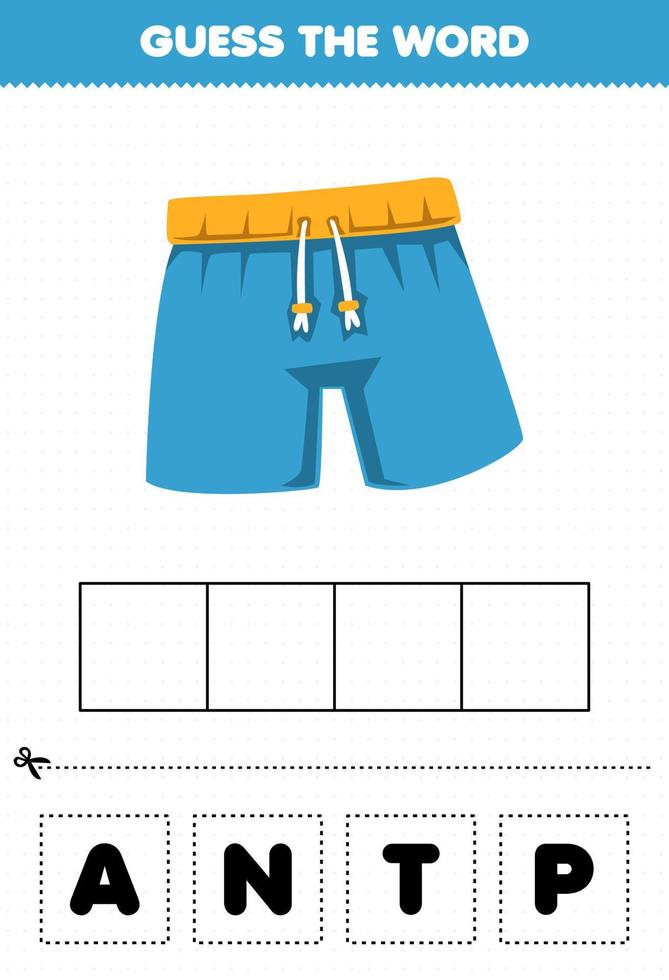 jeu éducatif pour les enfants devinez le mot lettres pratiquant le pantalon de vêtements de dessin animé vecteur