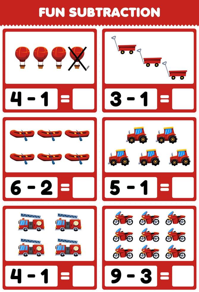 jeu éducatif pour les enfants soustraction amusante en comptant et en éliminant les images de transport rouge de dessin animé vecteur