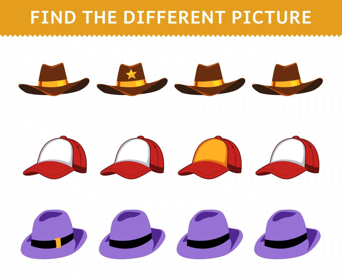 jeu d'éducation pour les enfants trouver l'image différente dans chaque rangée dessin animé vêtements portables chapeau de cowboy chapeau fedora vecteur