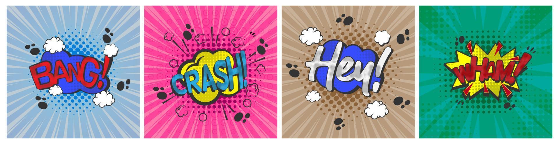 collection de bulles de bande dessinée de texte, wham, hey, crash and bang, pop art de style dessin animé, vecteur