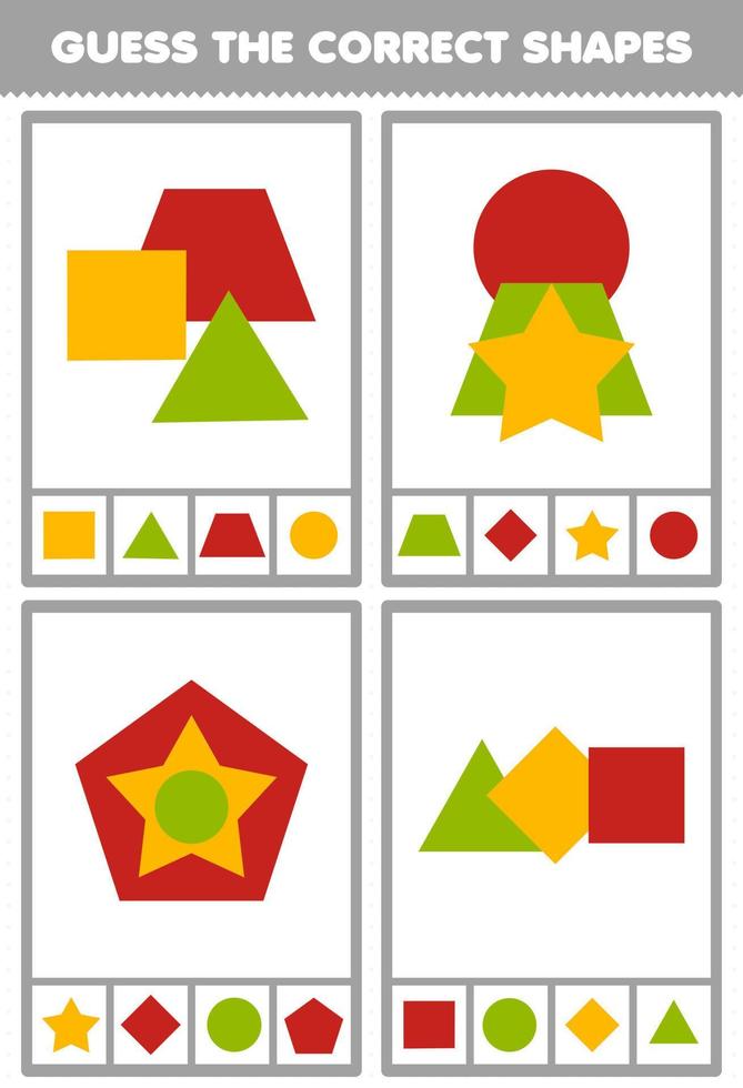 jeu éducatif pour les enfants devinez les formes correctes quiz géométrique feuille de travail imprimable vecteur