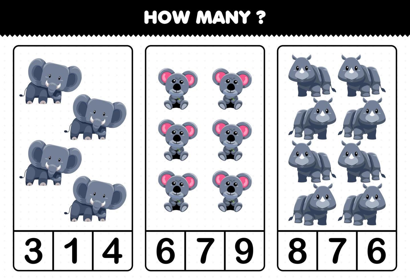 jeu éducatif pour les enfants comptant combien de dessin animé mignon animal gris éléphant koala rhinocéros vecteur