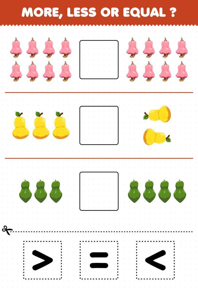 jeu éducatif pour les enfants plus moins ou égal comptez la quantité de fruits de dessin animé cajou poire papaye puis coupez et collez coupez le bon signe vecteur