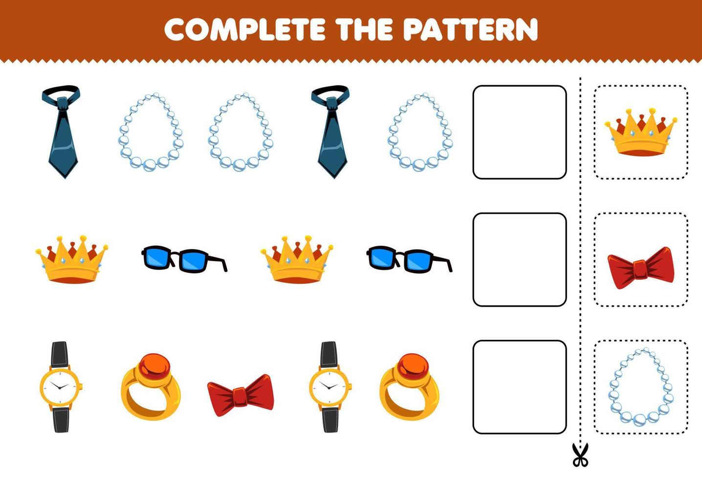 jeu d'éducation pour les enfants compléter le modèle pensée logique trouver la régularité et continuer la tâche de rangée avec dessin animé portable cravate collier couronne lunettes montre anneau ruban vecteur