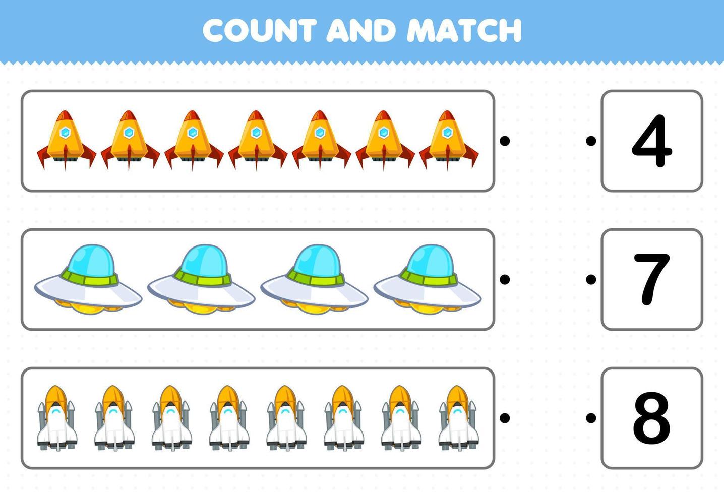 jeu éducatif pour les enfants compter et correspondre compter le nombre de dessin animé mignon système solaire fusée ovni vaisseau spatial et faire correspondre avec les bons numéros feuille de calcul imprimable vecteur