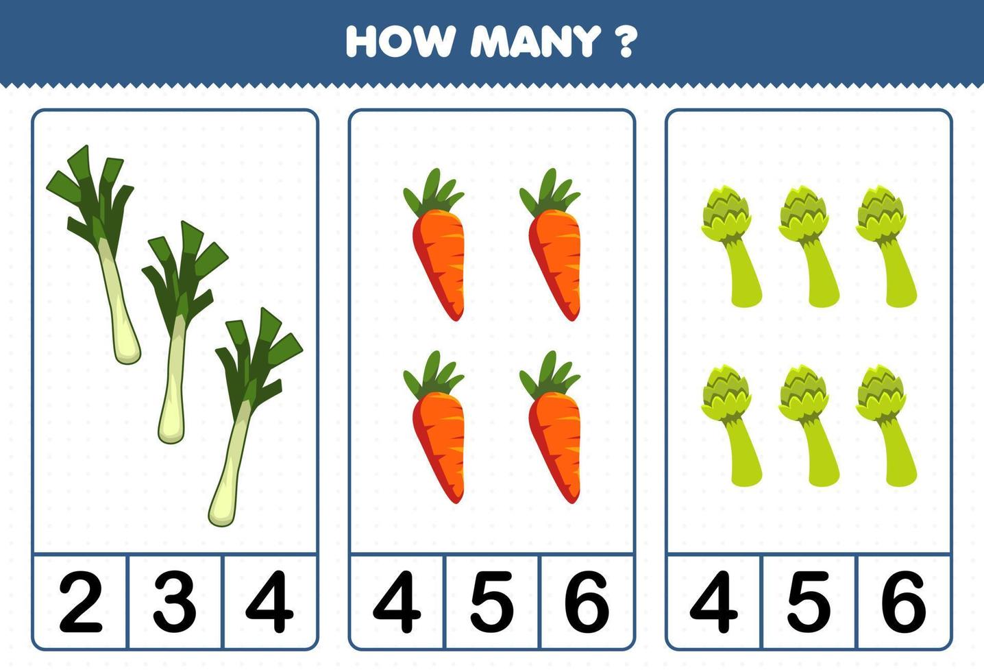 jeu éducatif pour les enfants comptant combien de légumes de dessin animé poireau carotte asperge vecteur
