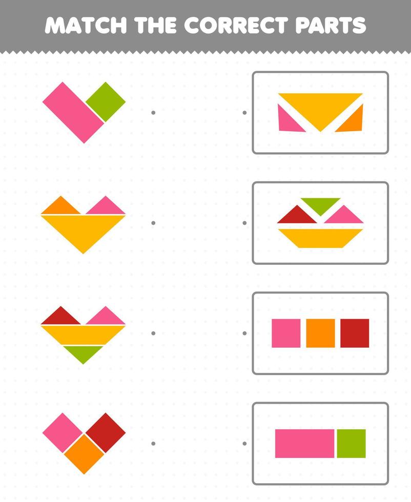 jeu éducatif pour les enfants faire correspondre les bonnes pièces formes géométriques 5 demi-cercle triangle rectangle trapèze feuille de travail imprimable vecteur