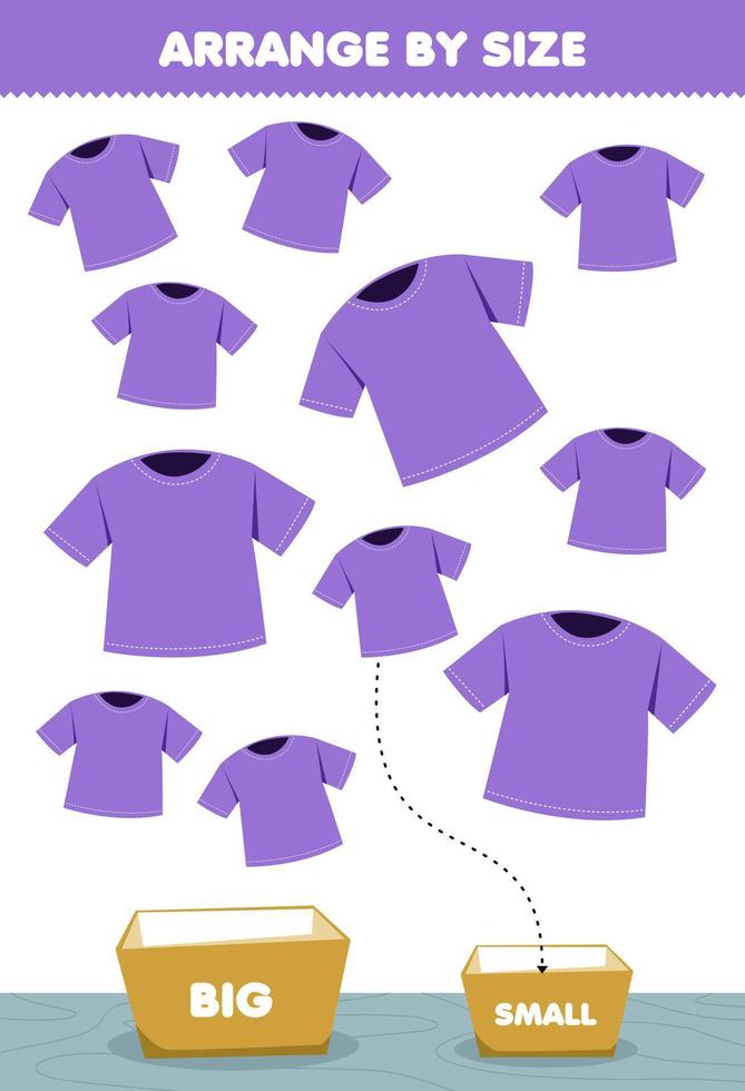 jeu d'éducation pour les enfants organiser par taille grand ou petit le mettre dans la boîte dessin animé vêtements portables violet t-shirt images vecteur