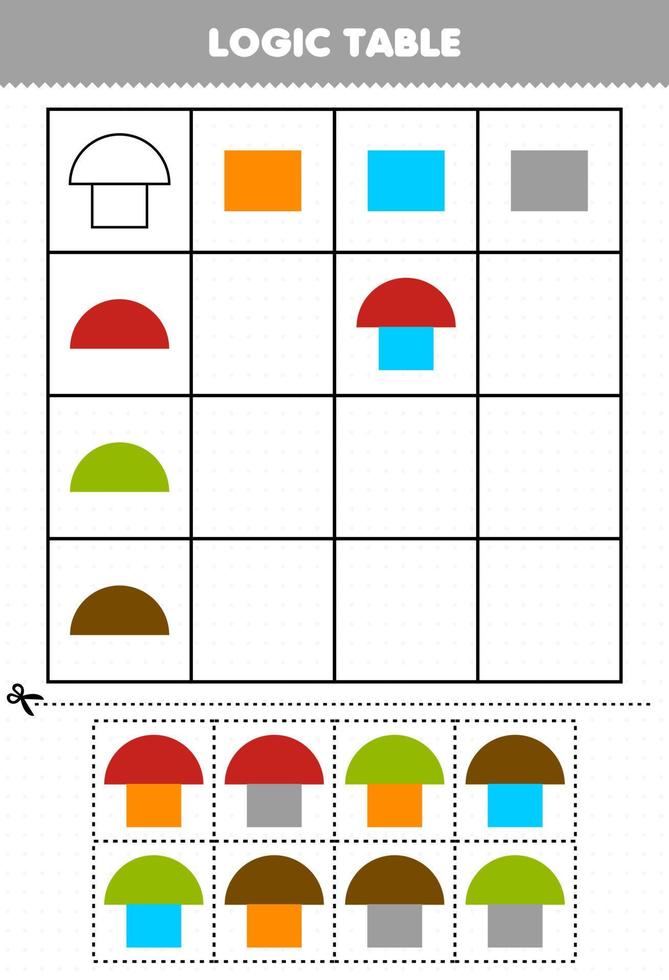 jeu éducatif pour enfants tableau logique forme géométrique rectangle et demi cercle feuille de travail imprimable vecteur