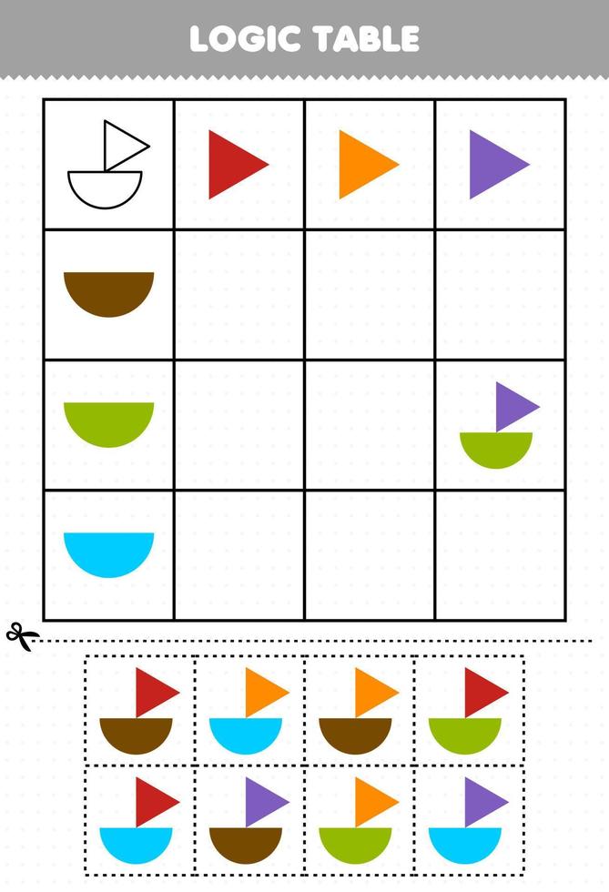 jeu éducatif pour enfants table logique forme géométrique triangle et demi cercle feuille de travail imprimable vecteur