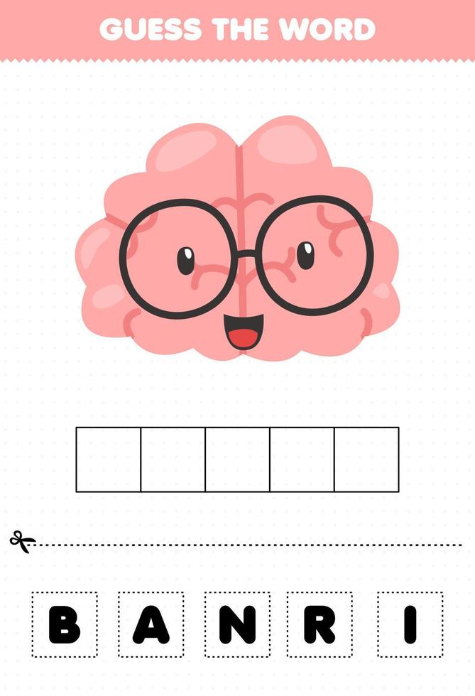 jeu d'éducation pour les enfants devinez les lettres de mot pratiquant le cerveau d'organe interne de dessin animé mignon vecteur