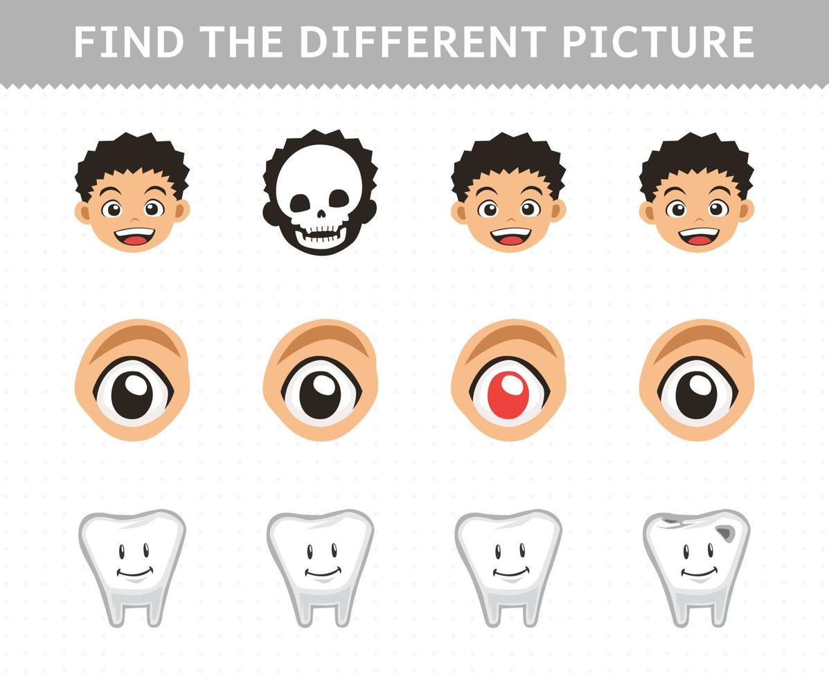 jeu éducatif pour les enfants trouver l'image différente dans chaque rangée dessin animé mignon anatomie humaine et organe garçon tête oeil dent vecteur