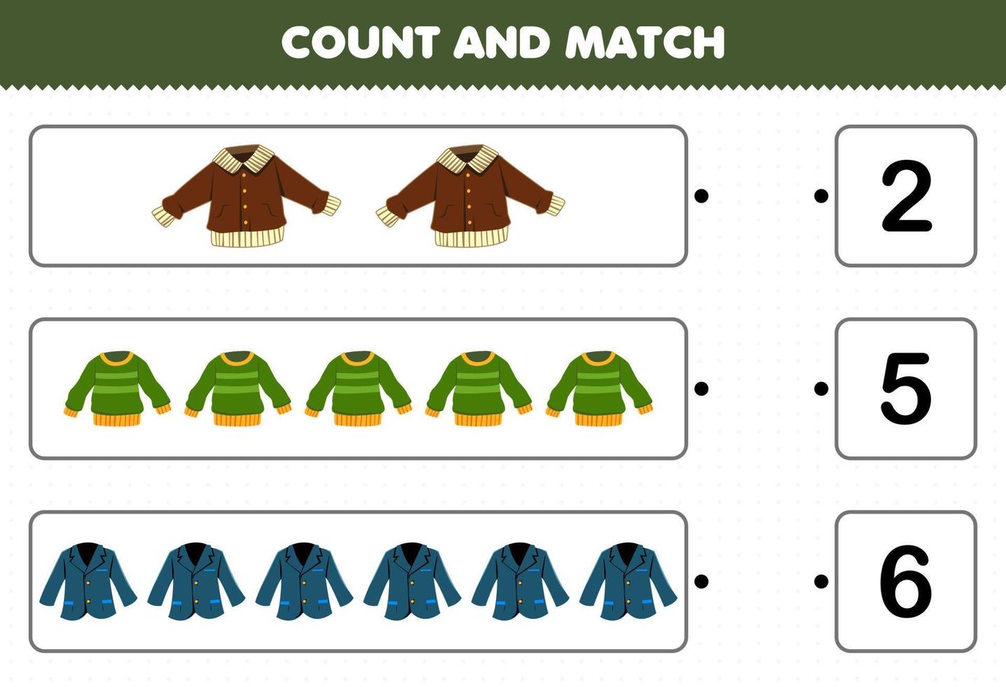 jeu éducatif pour les enfants compte et match compte le nombre de dessin animé vêtements portables veste pull blazer et match avec les bons numéros feuille de calcul imprimable vecteur