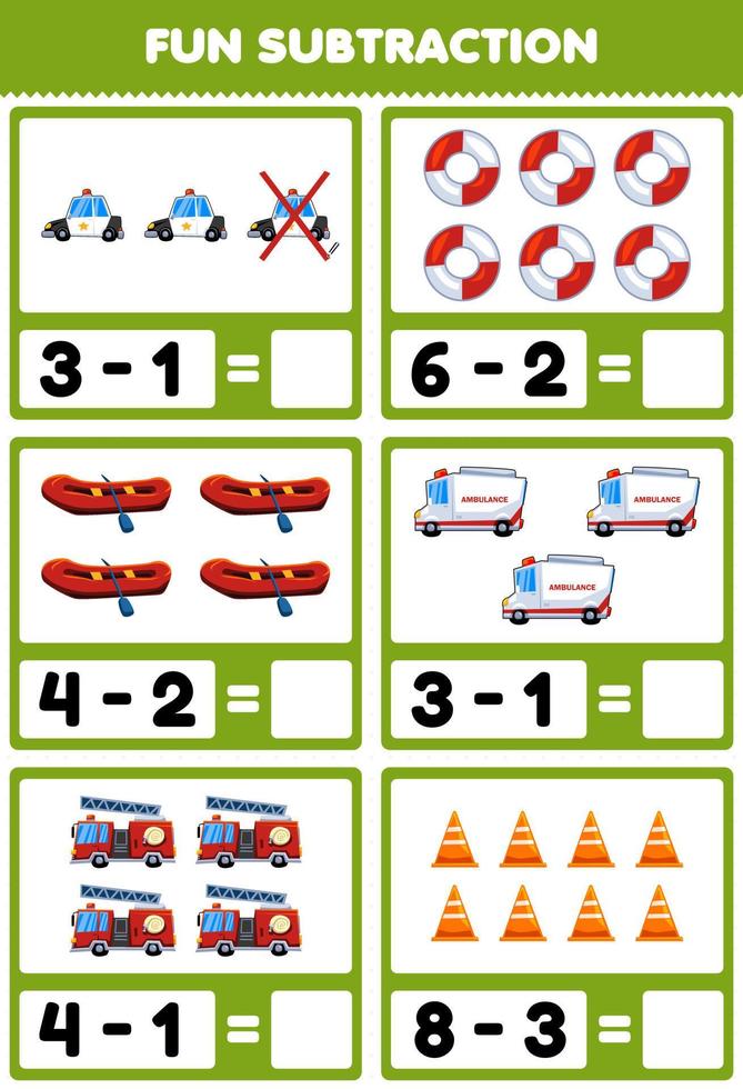 jeu éducatif pour les enfants soustraction amusante en comptant et en éliminant les images de transport de sauvetage de dessin animé vecteur