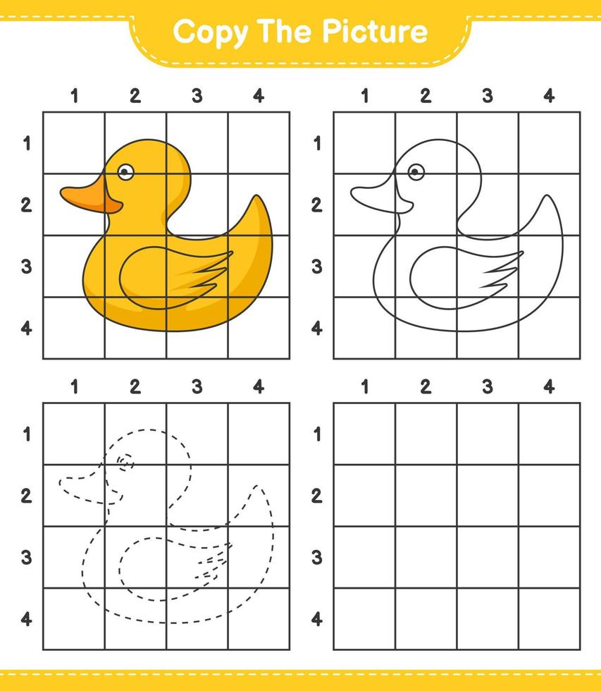 copiez l'image, copiez l'image du canard en caoutchouc à l'aide des lignes de la grille. jeu éducatif pour enfants, feuille de calcul imprimable, illustration vectorielle vecteur
