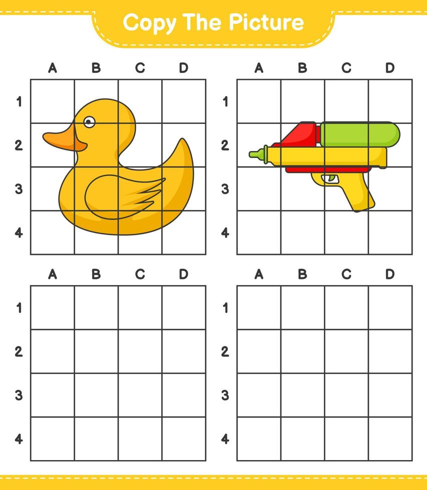 copiez l'image, copiez l'image du canard en caoutchouc et du pistolet à eau en utilisant les lignes de la grille. jeu éducatif pour enfants, feuille de calcul imprimable, illustration vectorielle vecteur