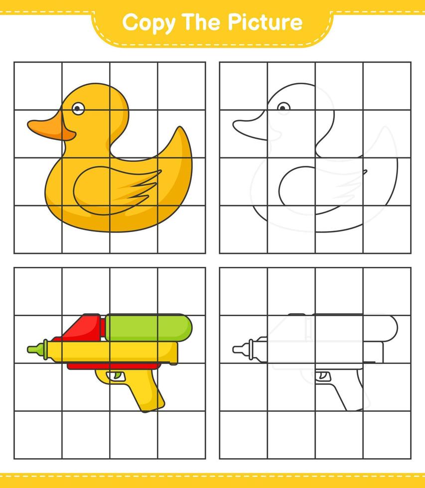 copiez l'image, copiez l'image du canard en caoutchouc et du pistolet à eau en utilisant les lignes de la grille. jeu éducatif pour enfants, feuille de calcul imprimable, illustration vectorielle vecteur