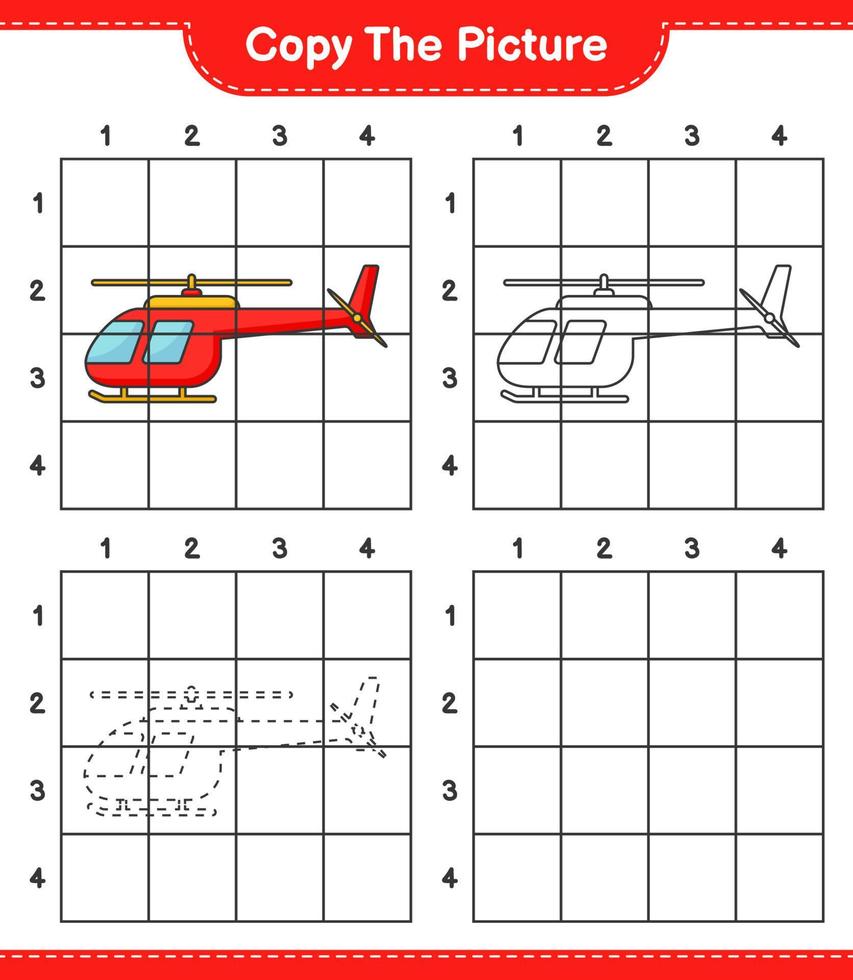 copiez l'image, copiez l'image de l'hélicoptère en utilisant les lignes de la grille. jeu éducatif pour enfants, feuille de calcul imprimable, illustration vectorielle vecteur