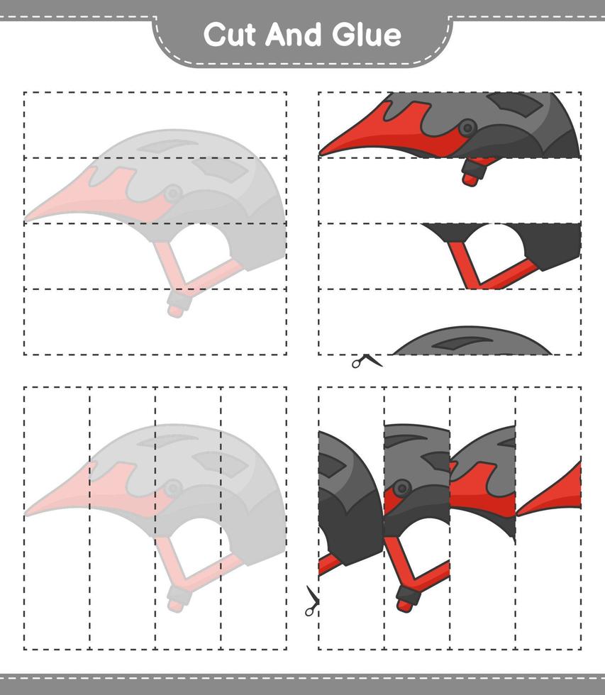 couper et coller, couper des parties de casque de vélo et les coller. jeu éducatif pour enfants, feuille de calcul imprimable, illustration vectorielle vecteur