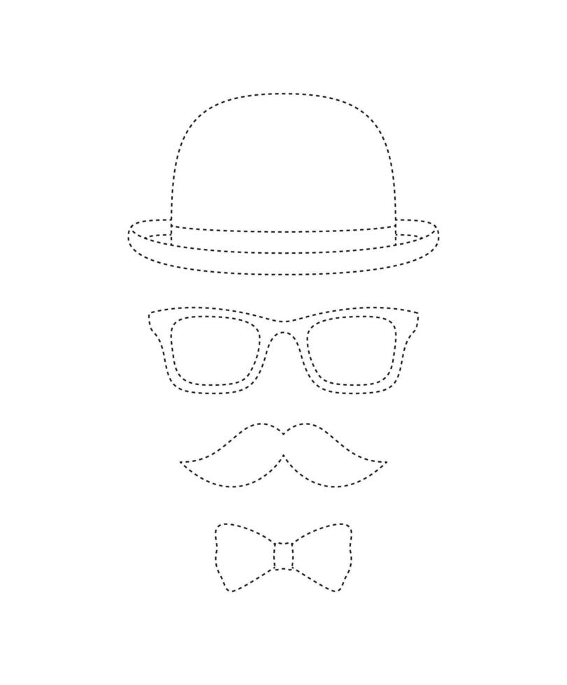 feuille de travail de traçage de la moustache, du nœud papillon, du chapeau et des lunettes pour les enfants vecteur