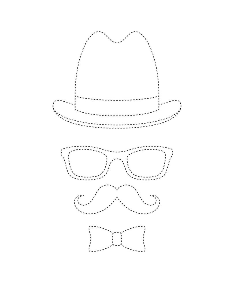 feuille de travail de traçage de la moustache, du nœud papillon, du chapeau et des lunettes pour les enfants vecteur