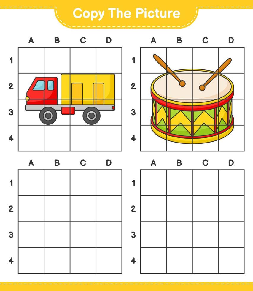 copiez l'image, copiez l'image du camion et du tambour en utilisant les lignes de la grille. jeu éducatif pour enfants, feuille de calcul imprimable, illustration vectorielle vecteur