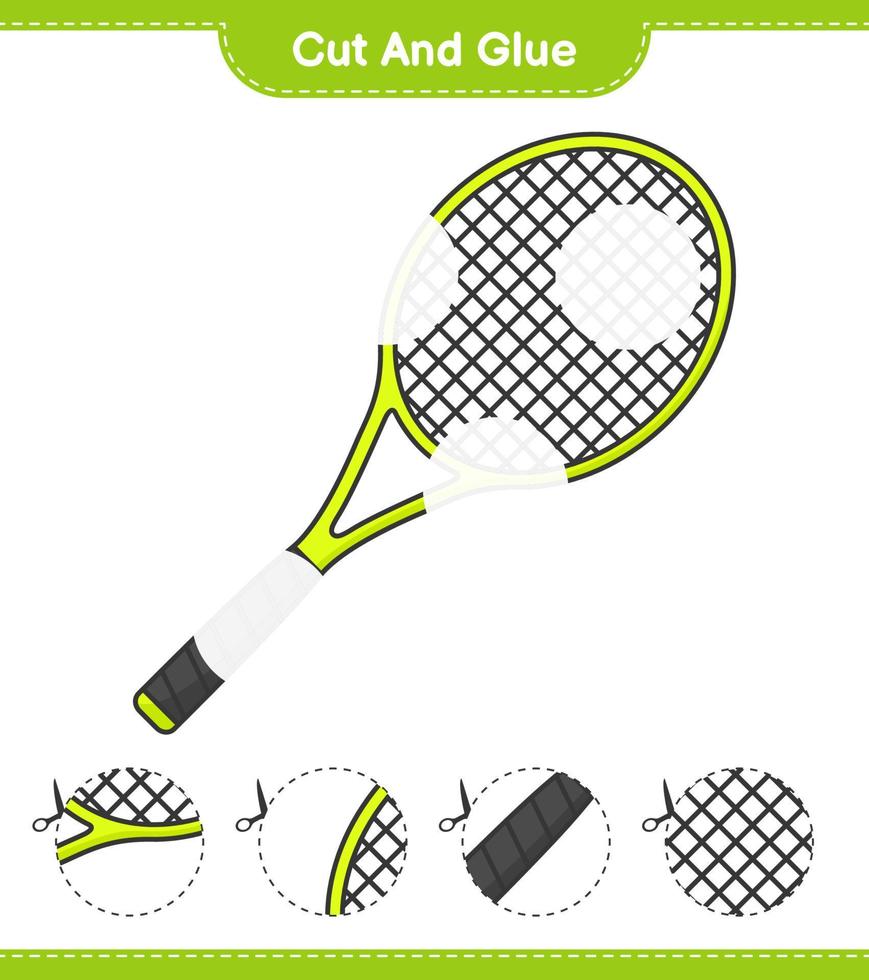 couper et coller, couper des parties de raquette de tennis et les coller. jeu éducatif pour enfants, feuille de calcul imprimable, illustration vectorielle vecteur