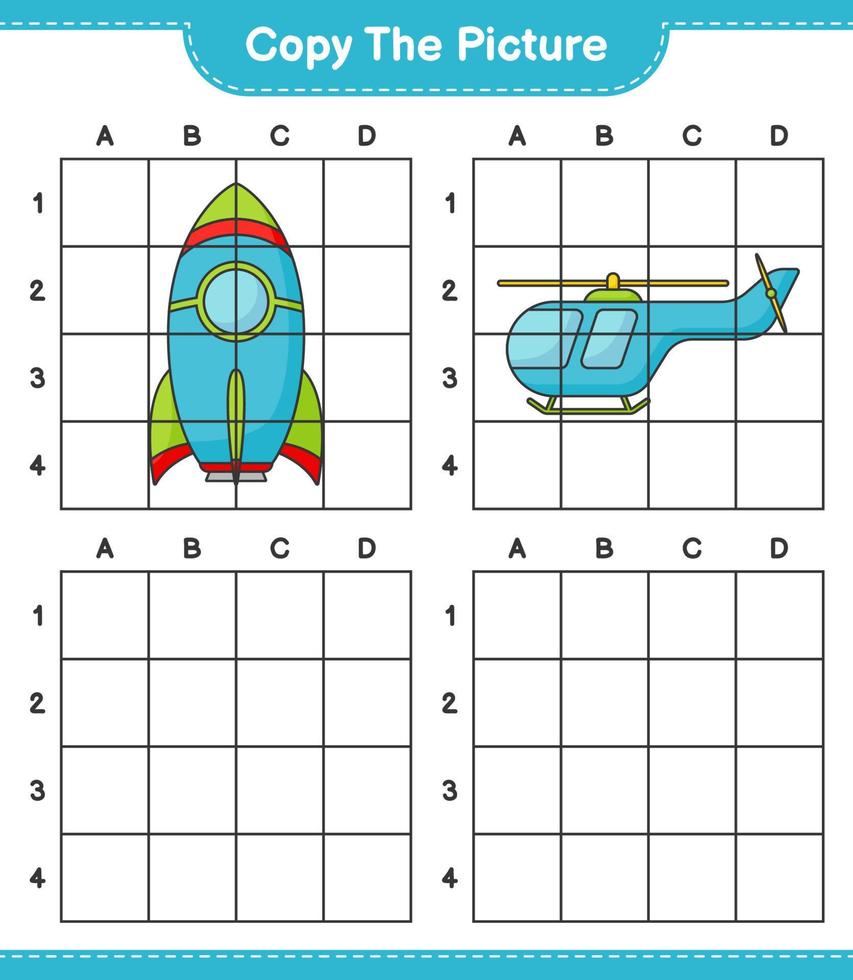 copiez l'image, copiez l'image de la fusée et de l'hélicoptère en utilisant des lignes de grille. jeu éducatif pour enfants, feuille de calcul imprimable, illustration vectorielle vecteur