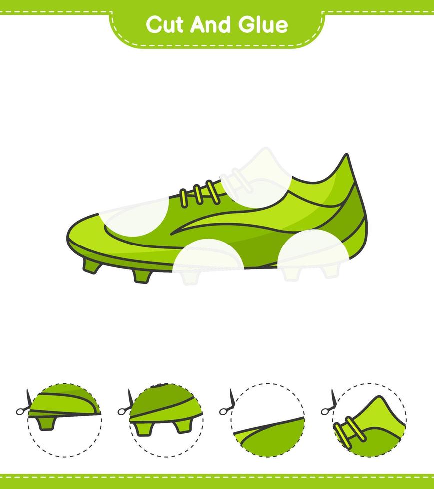 couper et coller, couper des parties de chaussures de football et les coller. jeu éducatif pour enfants, feuille de calcul imprimable, illustration vectorielle vecteur