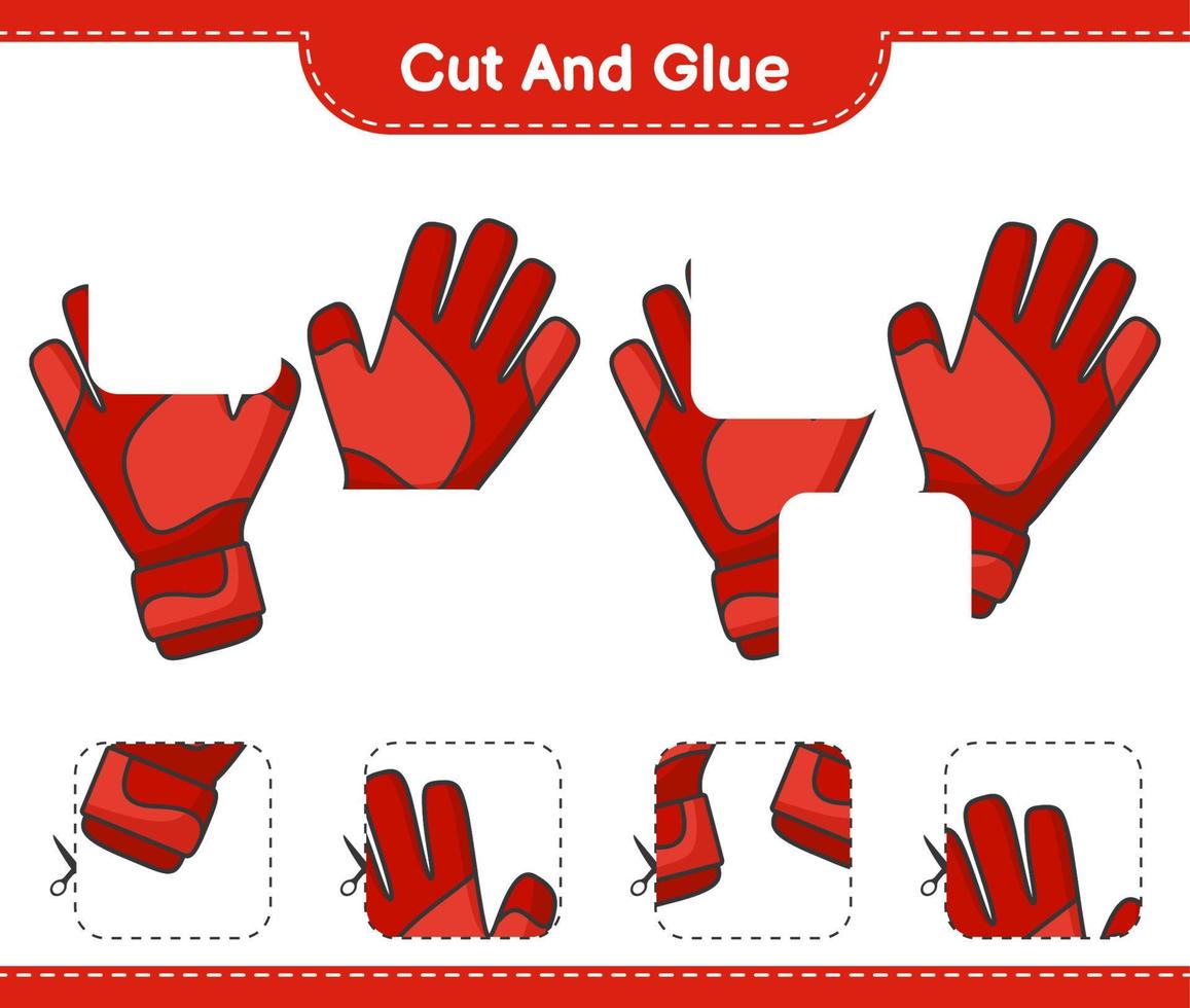couper et coller, couper des parties de gants de gardien de but et les coller. jeu éducatif pour enfants, feuille de calcul imprimable, illustration vectorielle vecteur