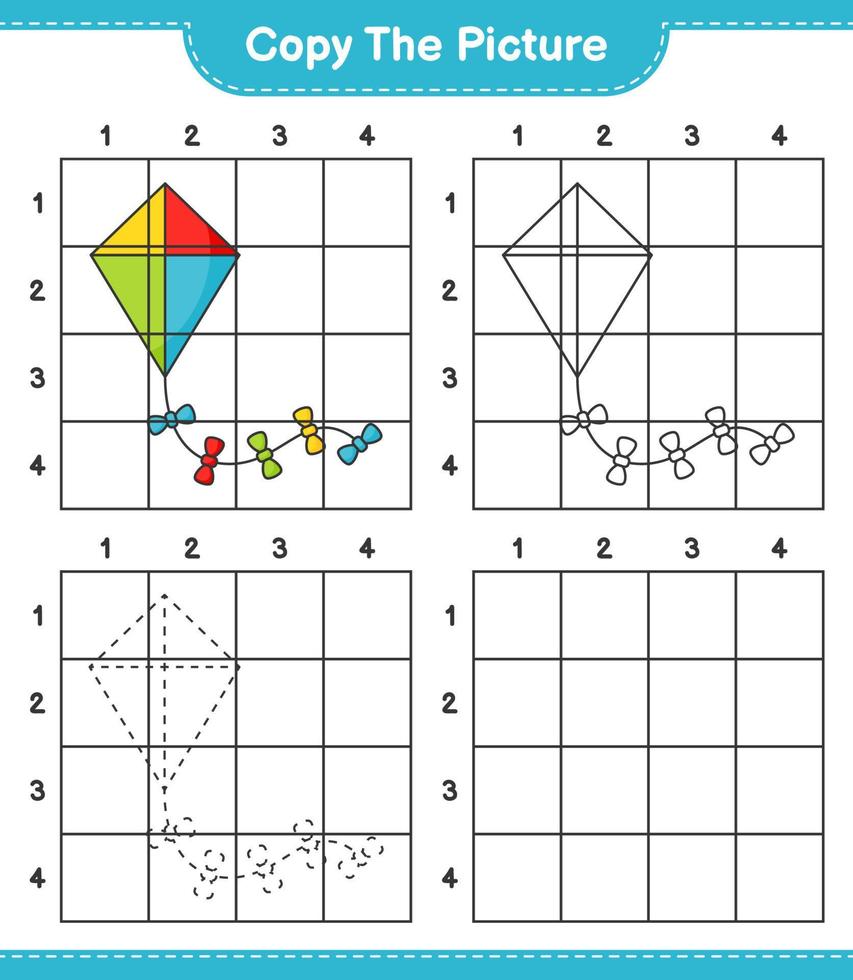 copiez l'image, copiez l'image du cerf-volant en utilisant des lignes de grille. jeu éducatif pour enfants, feuille de calcul imprimable, illustration vectorielle vecteur