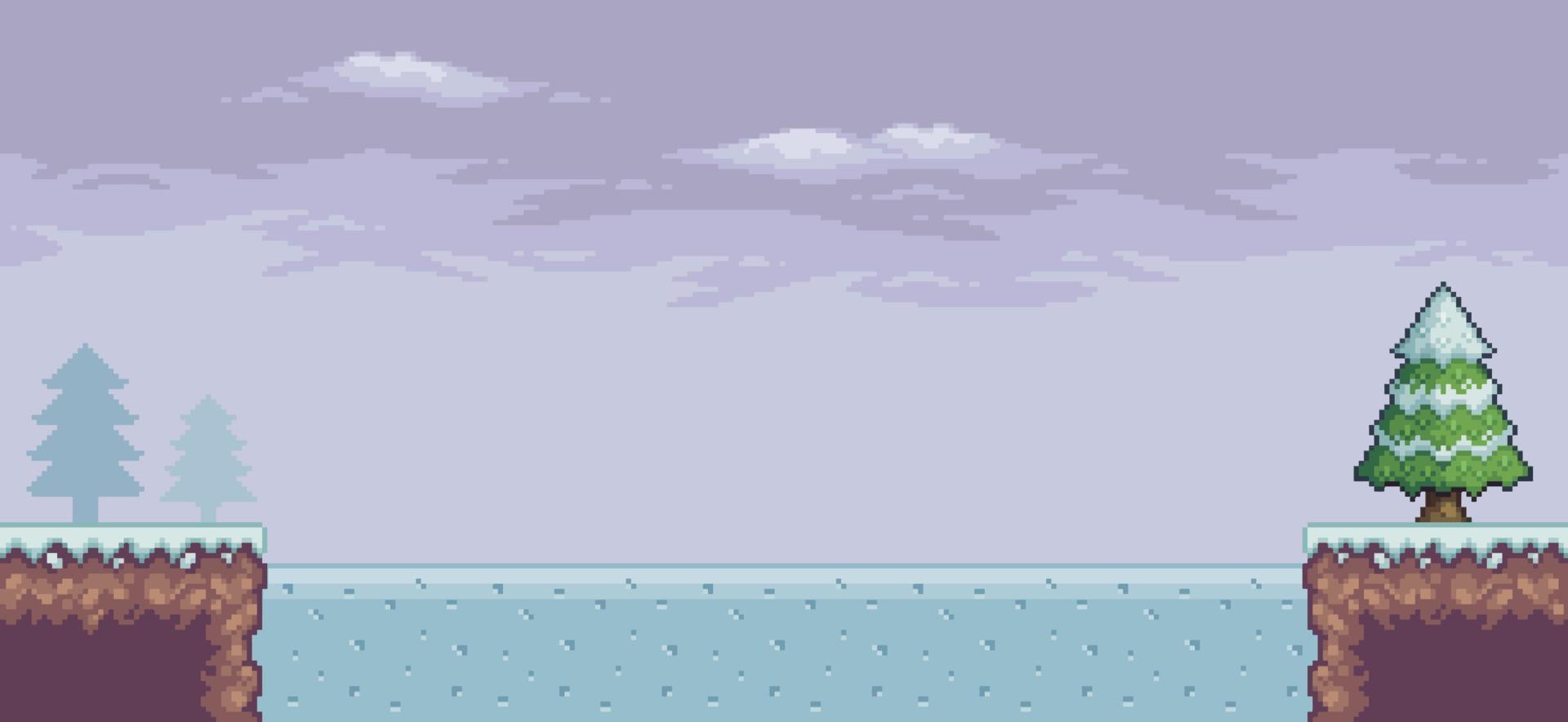 scène de jeu pixel art dans la neige avec des pins, lac gelé, fond de nuages 8bit vecteur