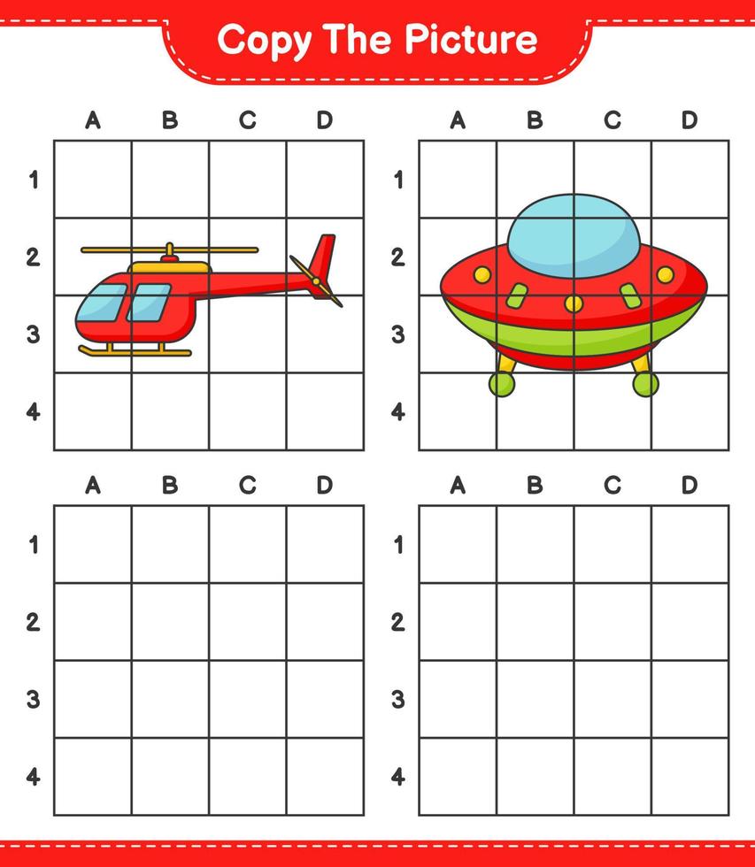 copiez l'image, copiez l'image de l'hélicoptère et de l'ovni en utilisant les lignes de la grille. jeu éducatif pour enfants, feuille de calcul imprimable, illustration vectorielle vecteur