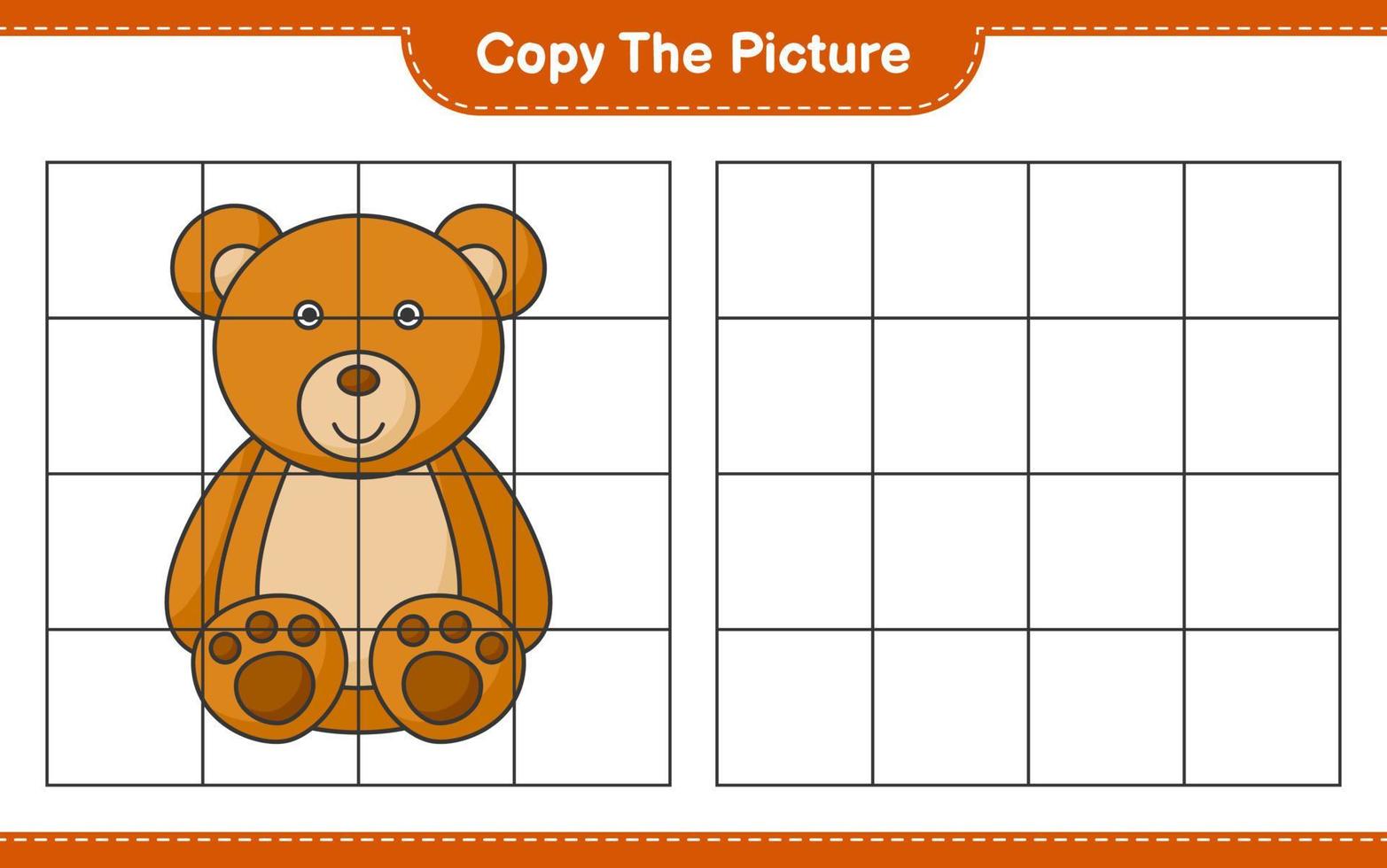 copiez l'image, copiez l'image de l'ours en peluche en utilisant les lignes de la grille. jeu éducatif pour enfants, feuille de calcul imprimable, illustration vectorielle vecteur