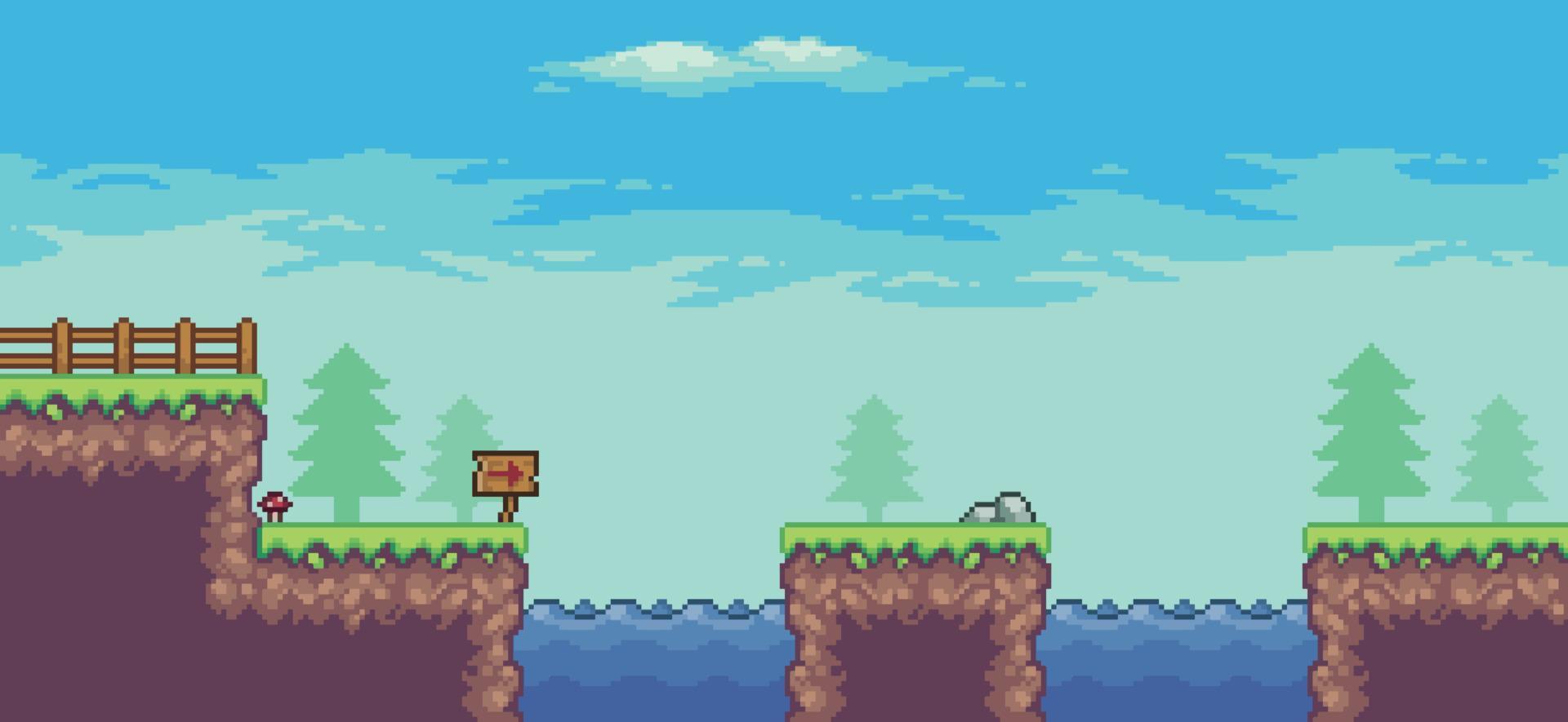 scène de jeu d'arcade pixel art avec arbre, lac, planche, clôture et nuages fond vectoriel 8 bits