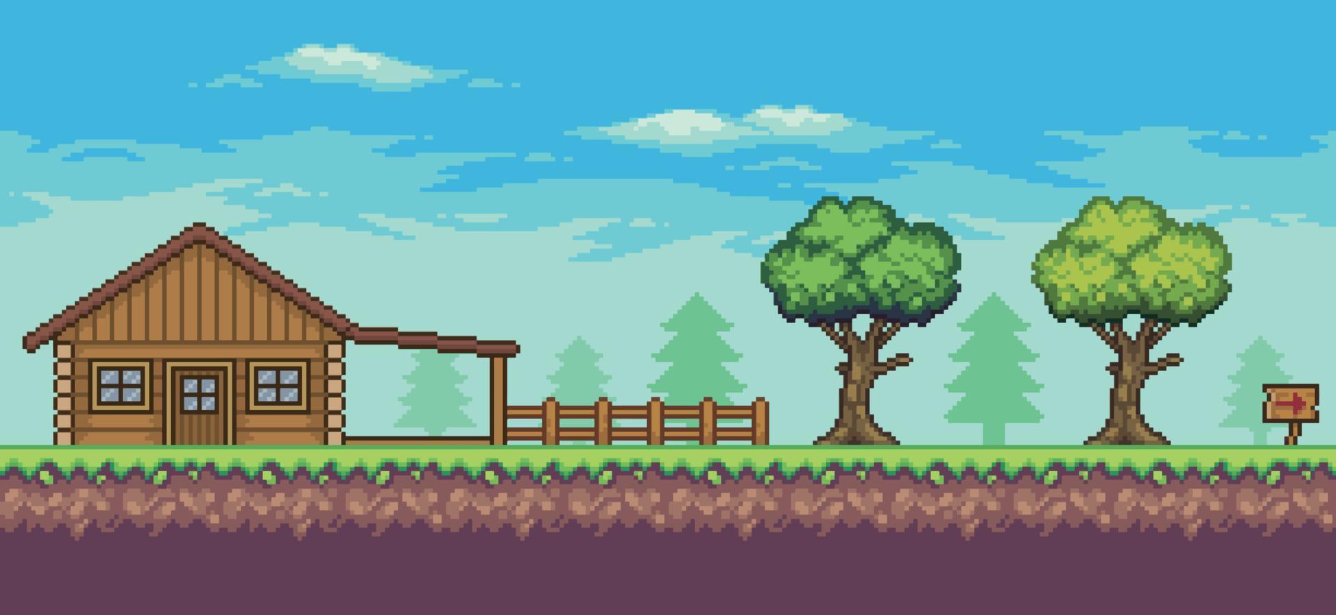 scène de jeu d'arcade pixel art avec maison en bois, arbres, clôture et nuages fond 8bit vecteur