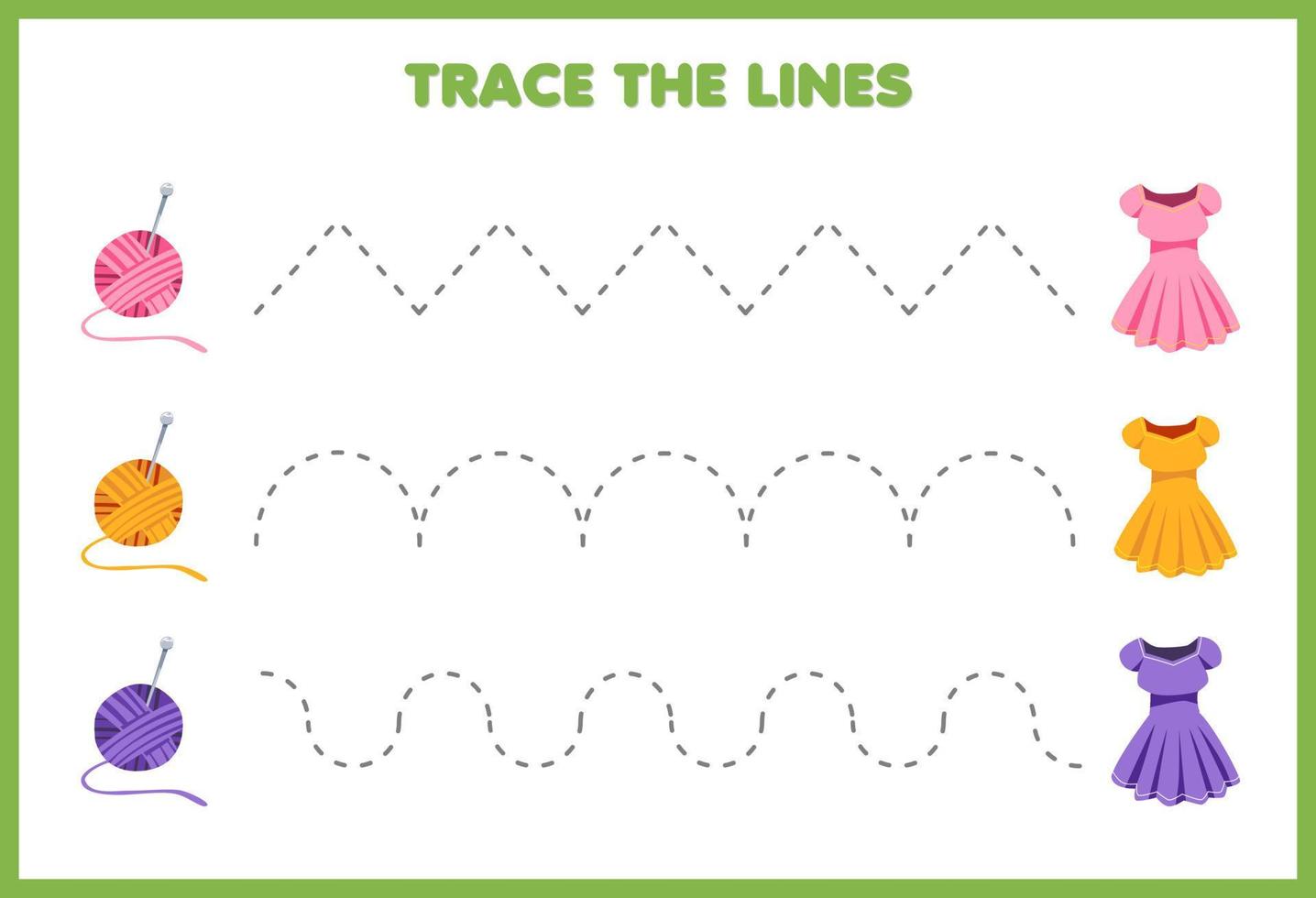 jeu d'éducation pour les enfants pratique de l'écriture tracer les lignes tricot vêtements portables forme de robe fil vecteur