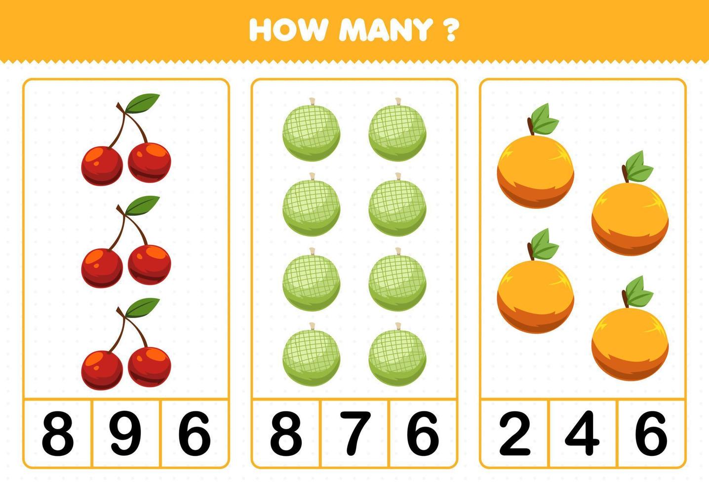 jeu éducatif pour les enfants comptant combien de fruits de dessin animé cerise melon orange vecteur