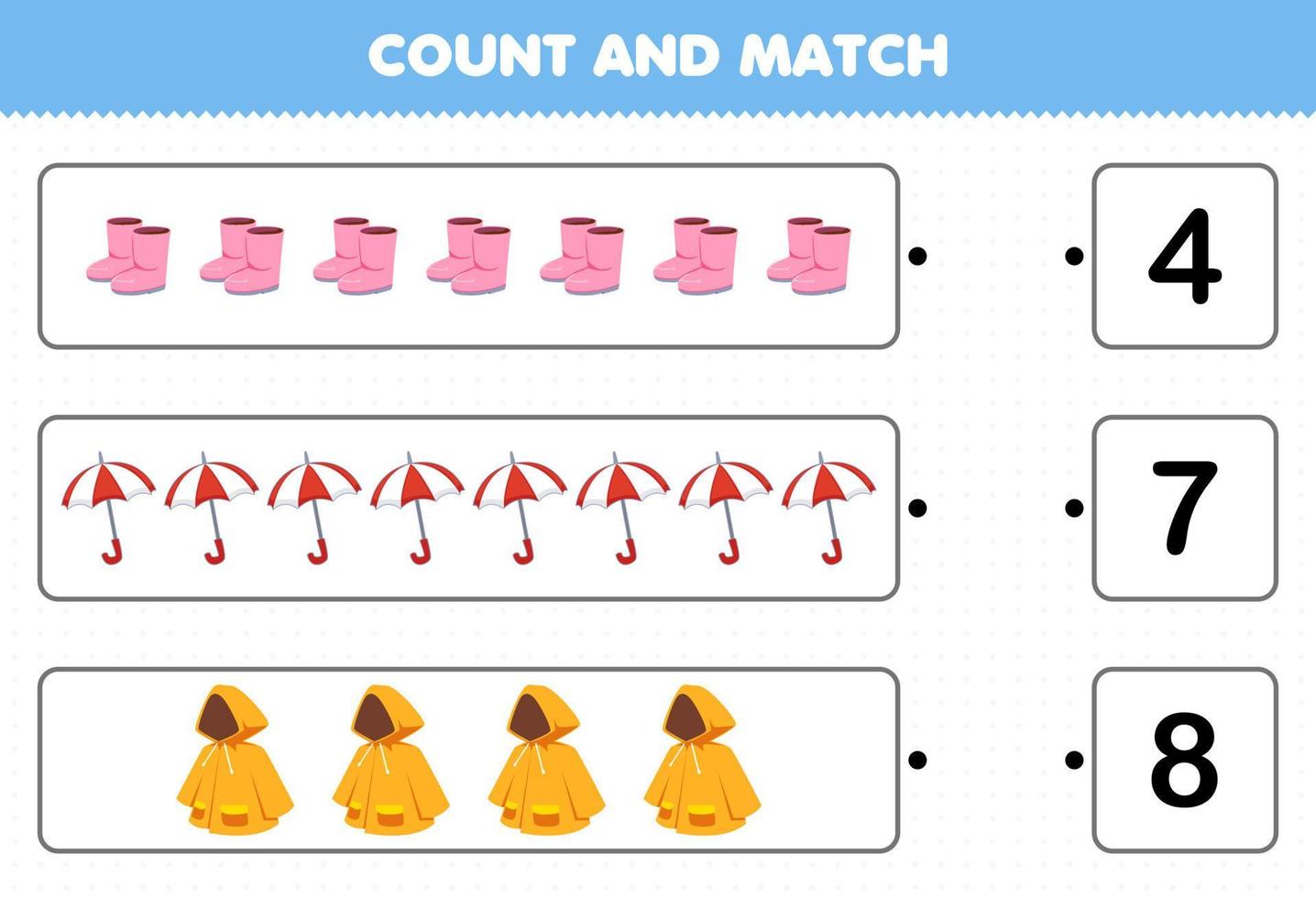 jeu éducatif pour les enfants comptez et faites correspondre comptez le nombre de dessin animé vêtements portables bottes parapluie imperméable et faites correspondre avec les bons numéros feuille de calcul imprimable vecteur