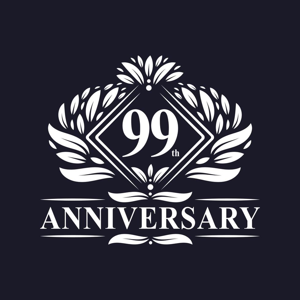 Logo anniversaire 99 ans, logo floral de luxe 99e anniversaire. vecteur