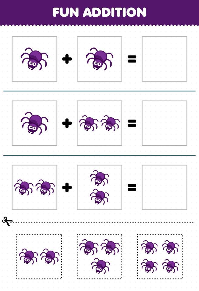 jeu éducatif pour les enfants ajout amusant par coupe et correspondance feuille de travail d'images d'araignées d'animaux de dessin animé mignon vecteur