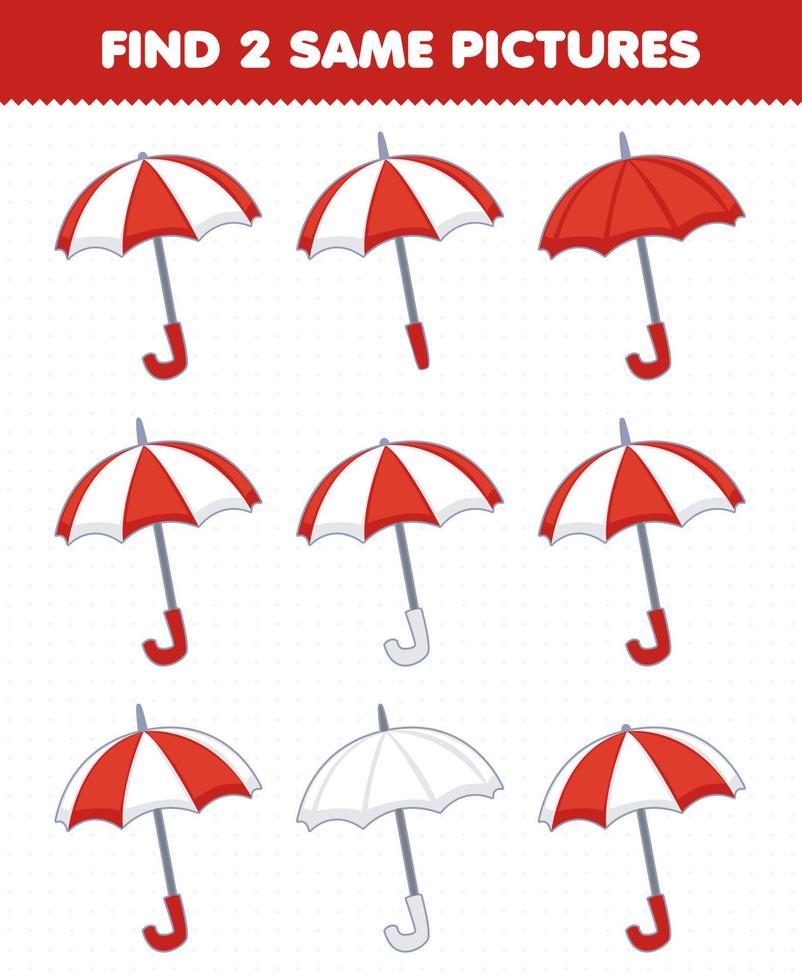 jeu éducatif pour les enfants trouver deux mêmes images dessin animé vêtements portables parapluie rouge vecteur