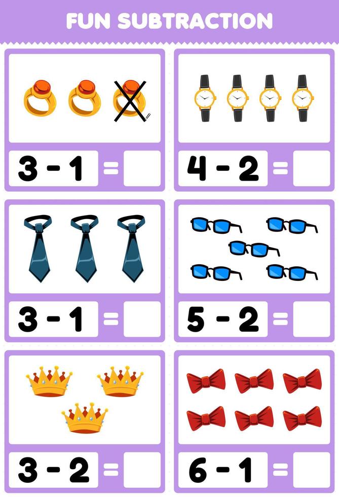 jeu éducatif pour les enfants soustraction amusante en comptant et en éliminant dessin animé portable bijoux bague montre cravate lunettes couronne ruban feuille de calcul imprimable vecteur