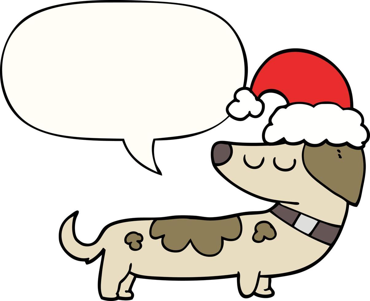 chien de dessin animé portant un chapeau de noël et une bulle de dialogue vecteur